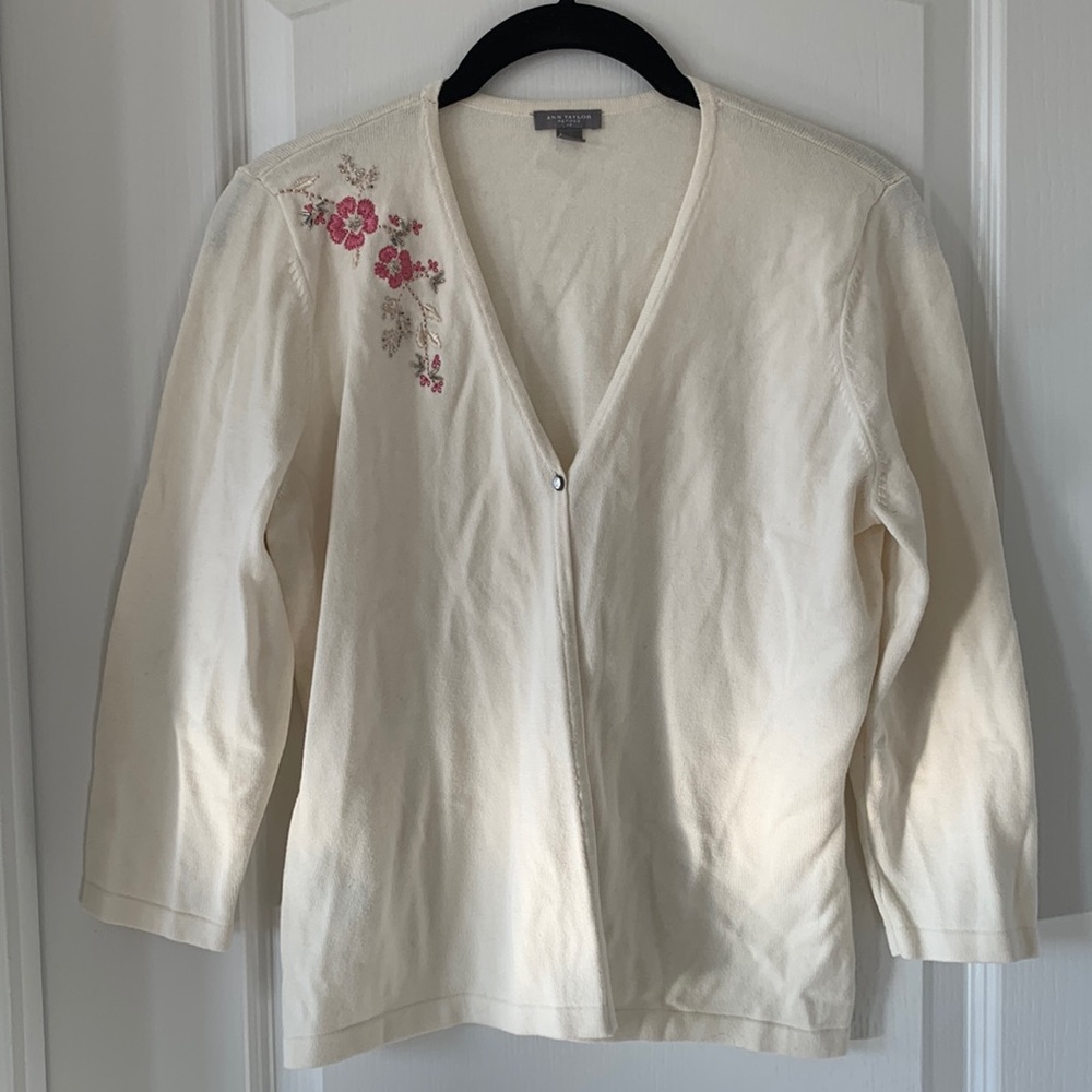ANN TAYLOR Floral Embroidered Cotton 3/4 Sleeves Open Cardigan Size MP